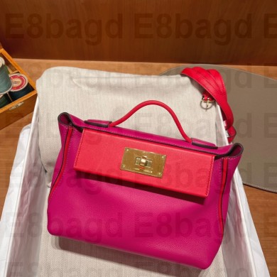 HERMES 24/24 MINI KELLY BAG IN evercolor/swift LEATHER ROSE(full handmade)