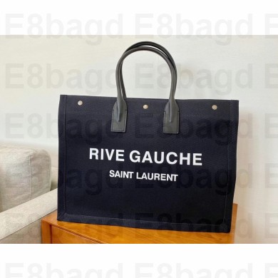 Saint Laurent rive gauche tote bag in linen and leather BLACK