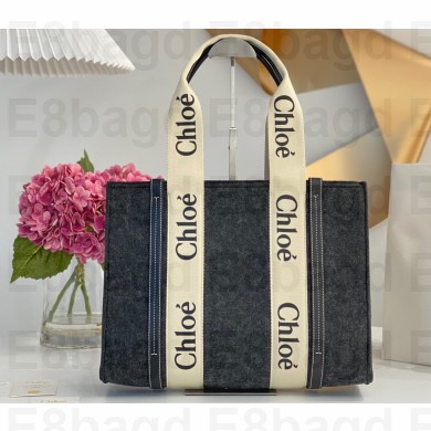 Chloe Medium Woody tote bag in recycled polyester felt and shiny calfskin with Woody ribbon 02