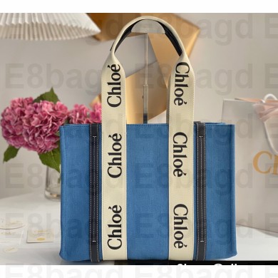 Chloe Medium Woody tote bag in linen canvas and shiny calfskin with Woody ribbon 16