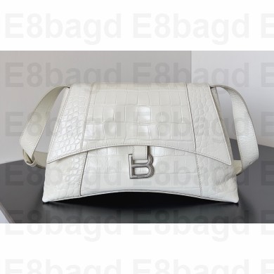 Balenciaga Downtown Small Shoulder Bag in calfskin crocodile embossed White