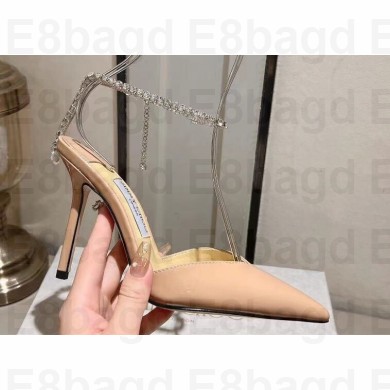 Jimmy Choo Heel 10cm Saeda 100 Pumps Patent Leather Nude with Crystal Embellishment 2024