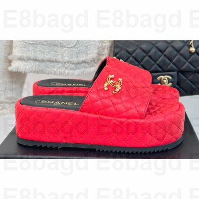 Chanel Pearl and Crystal Gold CC Logo Platform Mules Quilting Leather Red 2024