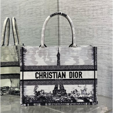 Dior medium Book Tote Bag in White and Black Paris Embroidery 2024