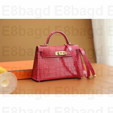 Hermes Mini Kelly II Handbag in alligator leather fuchsia pink with gold hardware(handmade)