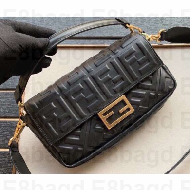 Fendi All-Over FF Motif Leather Medium Baguette Bag Black 2019
