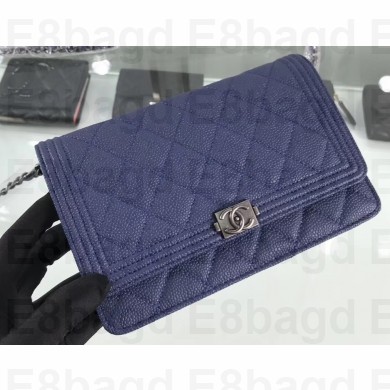 Chanel Grained Leather Boy Wallet On Chain WOC Bag A80287 Navy Blue/Silver