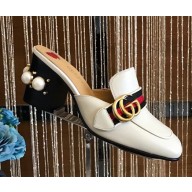 Gucci Calfskin Leather High-heel Web Details Pearls Trim Slipper 2017