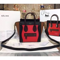 Celine Luggage Nano Tote Bag in Original Calfskin Leather Red/Coffee