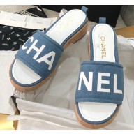 Chanel Heel Logo Mules Denim Blue 2020