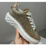 Jimmy Choo Diamond Maxi/F Leather Trainers Sneakers White/Gold with All Over Crystals and Platform Sole 2024