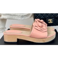 Chanel Heel 4cm Camellia and CC Logo Mules Leather Pink 2024