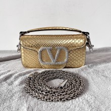 Valentino Locò Small Shoulder Bag in Snakeskin Embossed Leather Gold 2022