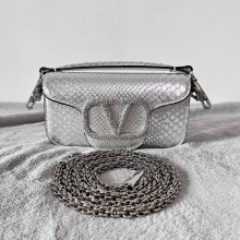 Valentino Locò Small Shoulder Bag in Snakeskin Embossed Leather silver 2022