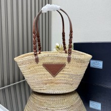 PRADA Woven Palm and Leather Tote 1BG314 Beige/Cognac 2024