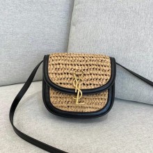 saint laurent kaia small satchel in raffia and leather black 619740