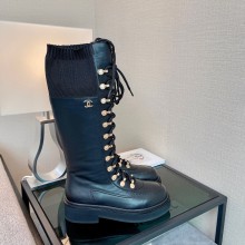 chanel black calfskin lace-up high boots G38215 2022