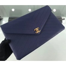 Chanel Chevron Envelope Flap Clutch Bag Navy Blue