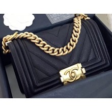 Chanel Original Quality Small Le Boy Bag In Caviar Leather Chevron Black With Gold Hardware