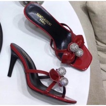 Saint Laurent Heel 8cm Crystal Ball and Bow Mules Patent Red 2020