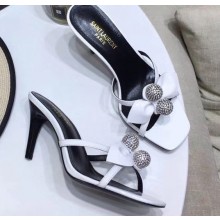 Saint Laurent Heel 8cm Crystal Ball and Bow Mules Patent White 2020