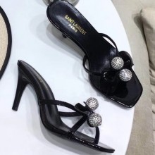 Saint Laurent Heel 8cm Crystal Ball and Bow Mules Patent Black 2020