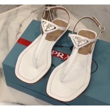 Prada Patent Leather Triangle Logo Thong Sandals Patent White 2020