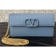 Valentino VSLING Grainy Calfskin Wallet with Chain Strap Bag Blue 2020
