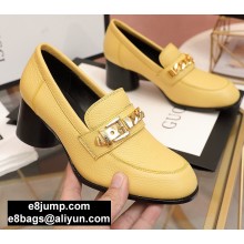 Gucci Textured Leather Mid-heel Loafers Yellow with Chain 2020