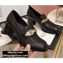 Gucci Textured Leather Mid-heel Loafers Black with Chain 2020