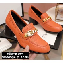 Gucci Textured Leather Mid-heel Loafers Orange with Chain 2020