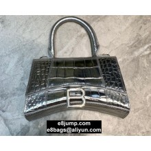 Balenciaga Hourglass XS Top Handle Bag in Crocodile Embossed Calfskin Silver