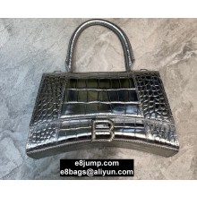 Balenciaga Hourglass Small Top Handle Bag in Crocodile Embossed Calfskin Silver