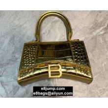 Balenciaga Hourglass XS Top Handle Bag in Crocodile Embossed Calfskin Gold