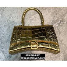 Balenciaga Hourglass Small Top Handle Bag in Crocodile Embossed Calfskin Gold