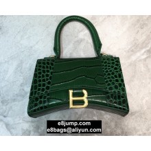 Balenciaga Hourglass XS Top Handle Bag in Crocodile Embossed Calfskin Green/Gold