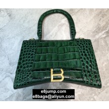 Balenciaga Hourglass Small Top Handle Bag in Crocodile Embossed Calfskin Green/Gold