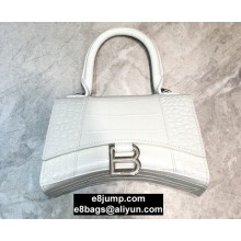 Balenciaga Hourglass XS Top Handle Bag in Crocodile Embossed Calfskin White/Silver