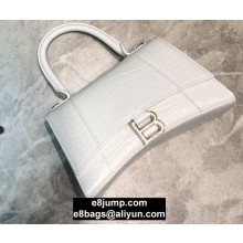 Balenciaga Hourglass Small Top Handle Bag in Crocodile Embossed Calfskin White/Silver