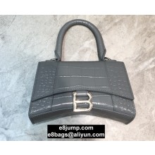 Balenciaga Hourglass XS Top Handle Bag in Crocodile Embossed Calfskin Gray/Silver