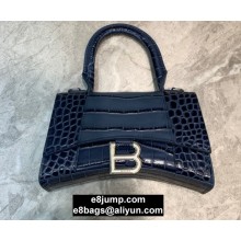 Balenciaga Hourglass XS Top Handle Bag in Crocodile Embossed Calfskin Blue/Silver
