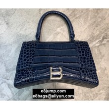 Balenciaga Hourglass Small Top Handle Bag in Crocodile Embossed Calfskin Blue/Silver