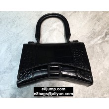 Balenciaga Hourglass XS Top Handle Bag in Crocodile Embossed Calfskin So Black