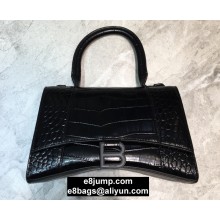 Balenciaga Hourglass Small Top Handle Bag in Crocodile Embossed Calfskin So Black