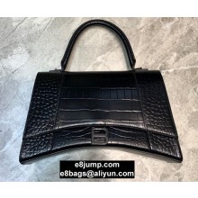 Balenciaga Hourglass Large Top Handle Bag in Crocodile Embossed Calfskin So Black