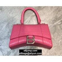 Balenciaga Hourglass XS Top Handle Bag in Crocodile Embossed Calfskin Pink/Silver
