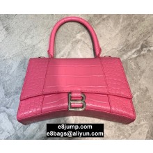 Balenciaga Hourglass Small Top Handle Bag in Crocodile Embossed Calfskin Pink/Silver