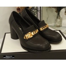 Gucci Heel 8.5cm Textured Leather Loafers Black with Chain 2020