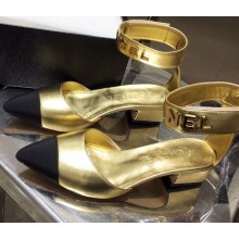 Chanel Low Heel Pumps Gold with Gold Logo Strap 2020