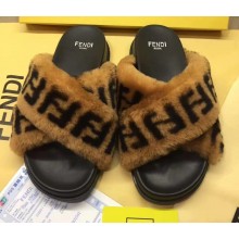 Fendi FF Motif Sheepskin Fur Slides Sandals with Crossed Strap 2020